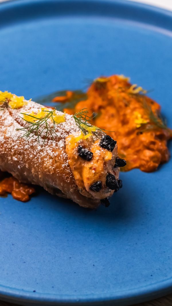 nduja cannolo, AMEZ ajvar, olive chips